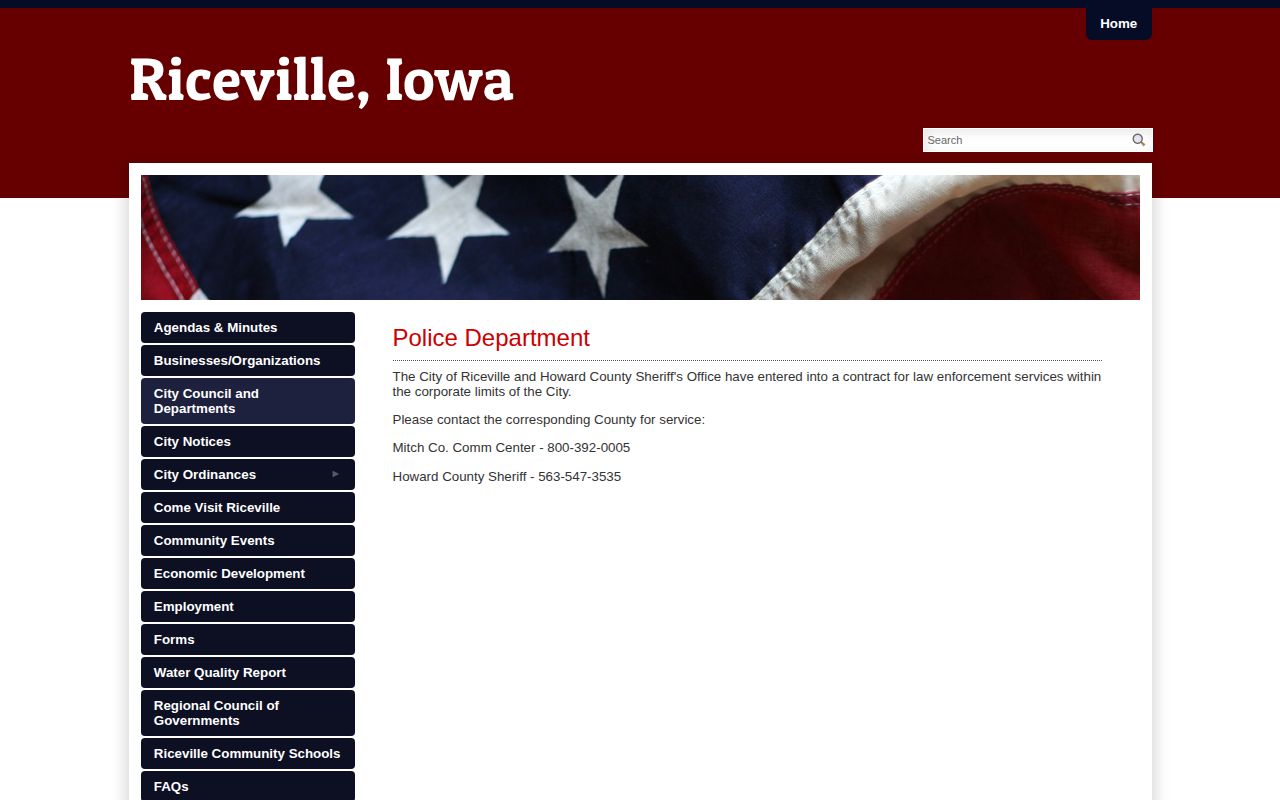 Official Riceville law-enforcement page listing Howard County Sheriff service and Mitchell County communications