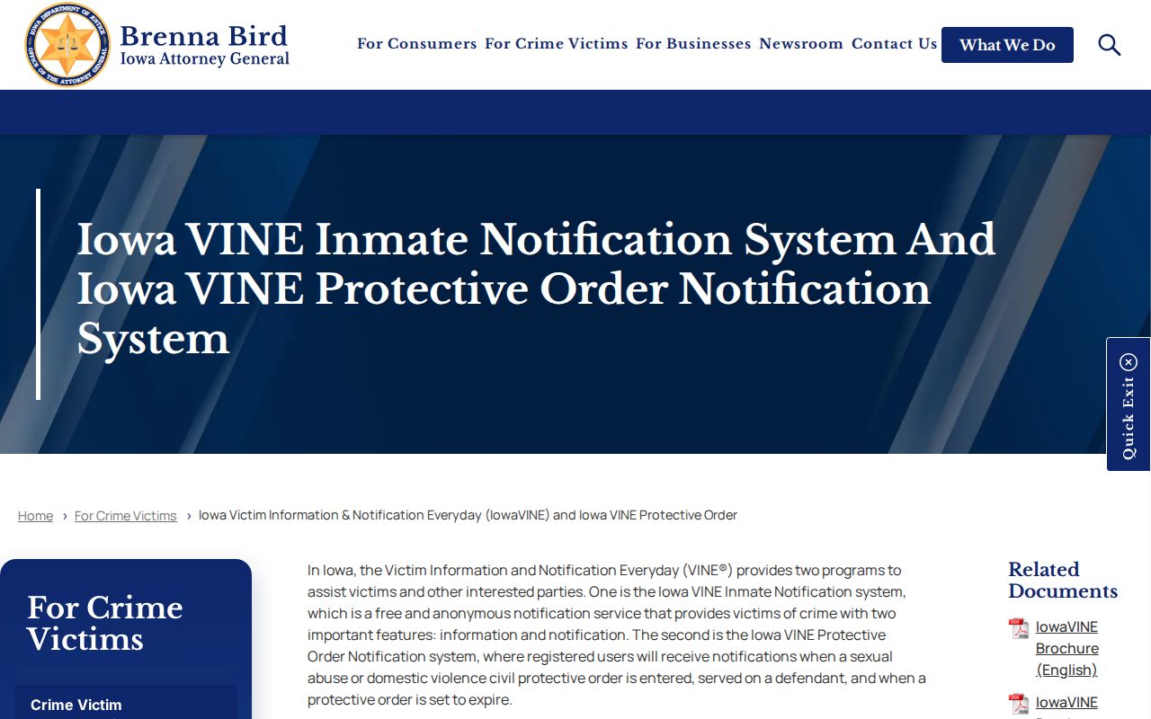 Iowa Attorney General IowaVINE information and policy page