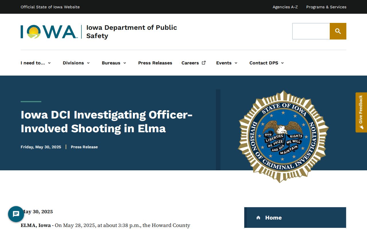 Iowa DPS and DCI official incident release concerning an Elma event